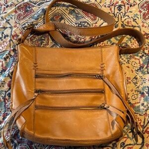 Lucky Brand Tan Leather Crossbody Bag with Front Zip Pockets
